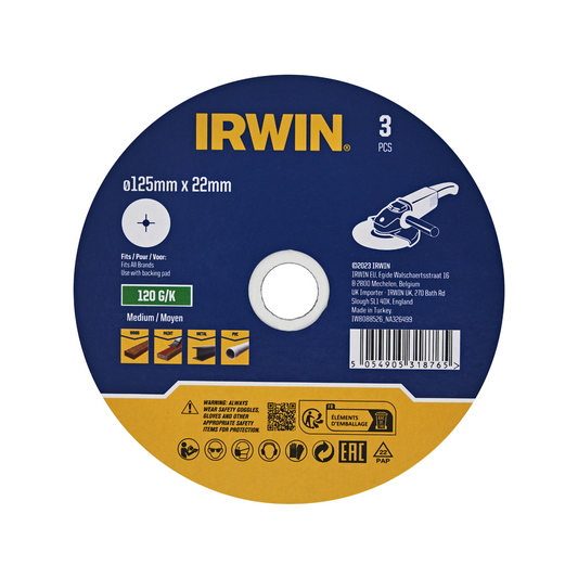 Irwin Fibre Disc 3 Pack - 125 x 22mm - 120 Grit - Aluminium Oxide - Surface Cleaning - Auzzistore