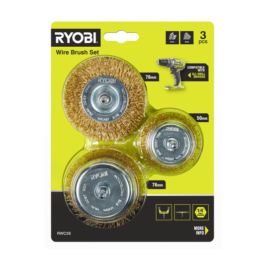 Ryobi 3 Piece Wire Brush Set - 76mm & 50mm - Rust & Paint Removal - Auzzistore