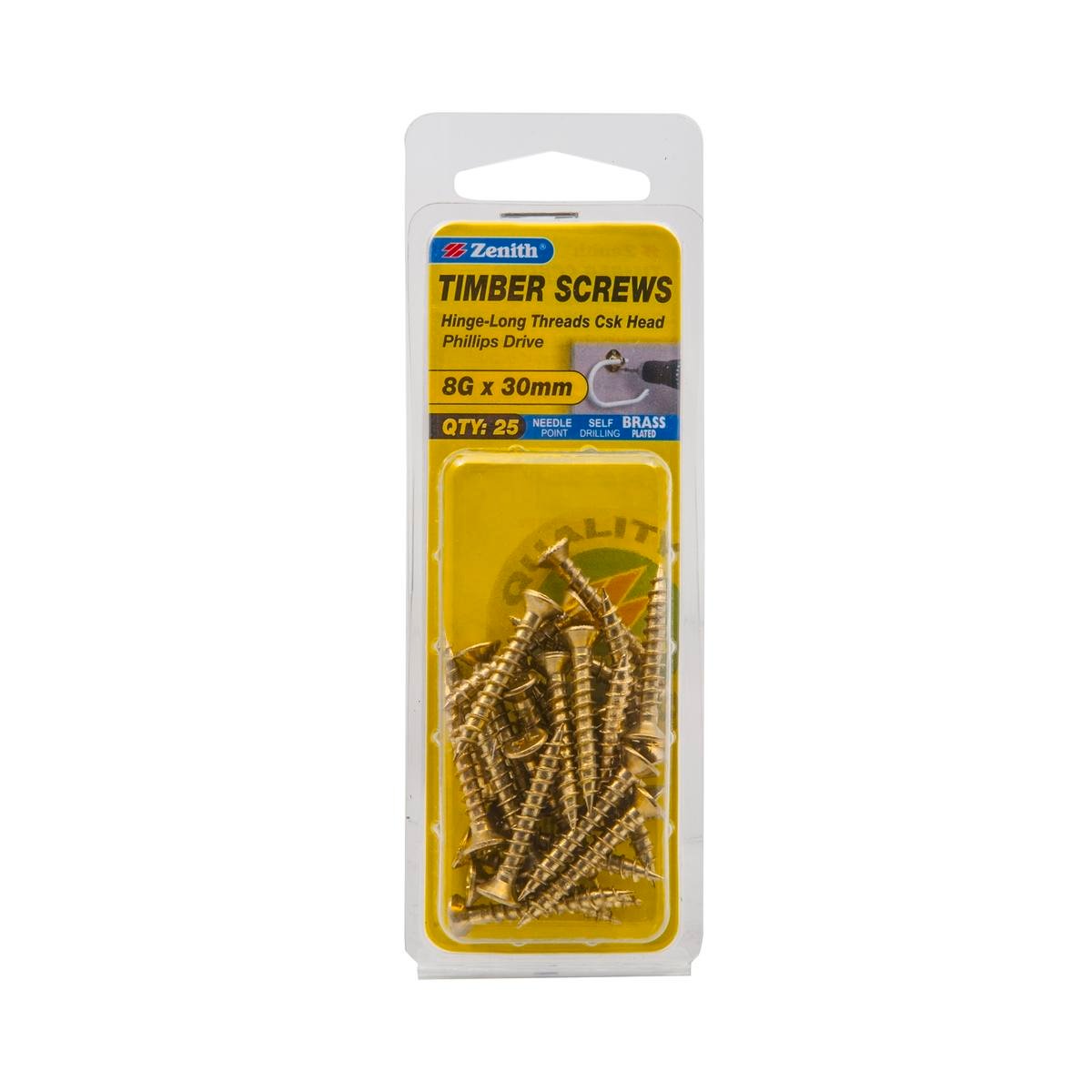 Zenith Timber Screws - 8g x 30mm - Brass Plated - Countersunk Head - 25 Pack