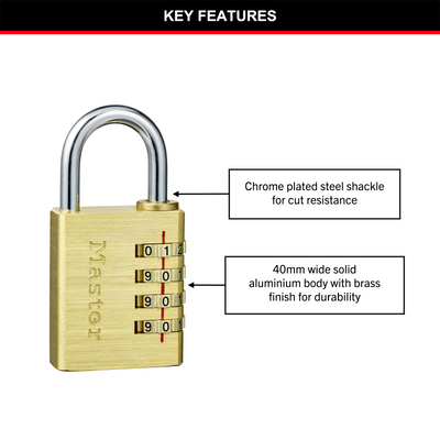 Master Lock 40mm Brass Combination Padlock - Aluminum - Durable - Keyless