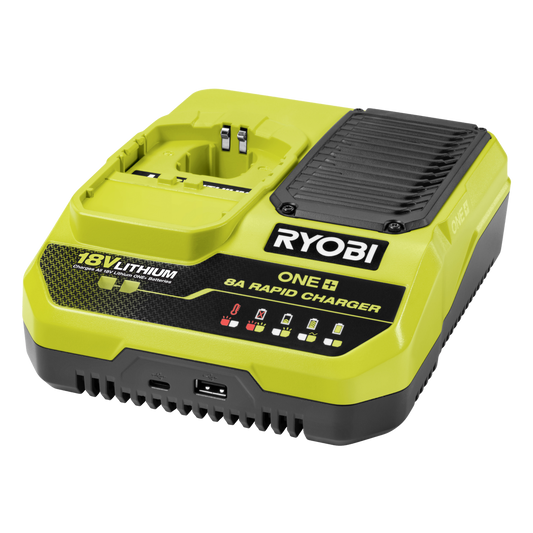 Ryobi 18V ONE+ 8A Rapid Charger RC18180 - Wall Mountable - USB Ports - 160mm x 65mm x 210mm