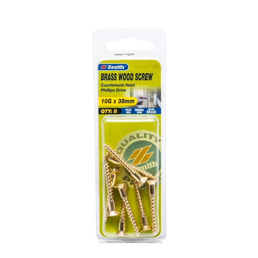 Zenith 10G x 40mm Solid Brass Countersunk Head Wood Screws – 8 Pack - Auzzistore