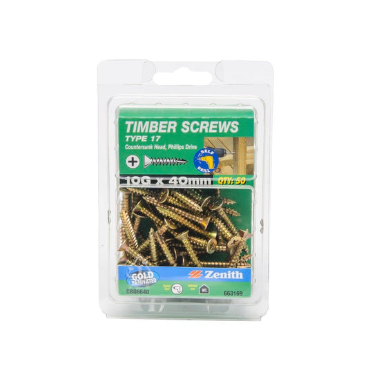 Zenith 10g x 40mm Gold Passivated Type 17 Countersunk Timber Screws - 50 Pack - Auzzistore