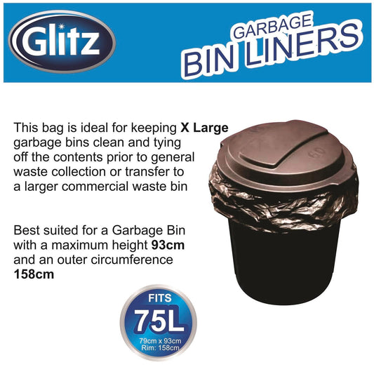Glitz 75L Garbage Bags - 25 Pack - High-Density Polyethylene - Durable