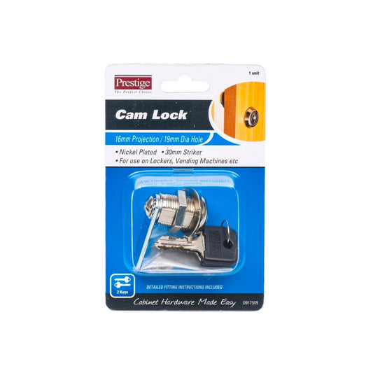 Prestige Cam Lock - 16mm - Brass/Steel - Nickel Plated - Auzzistore