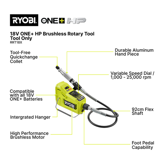 Ryobi 18V ONE+ HP Brushless Rotary Tool - Tool Only - 40 Accessories - 1.6kg – view 2 - Auzzistore