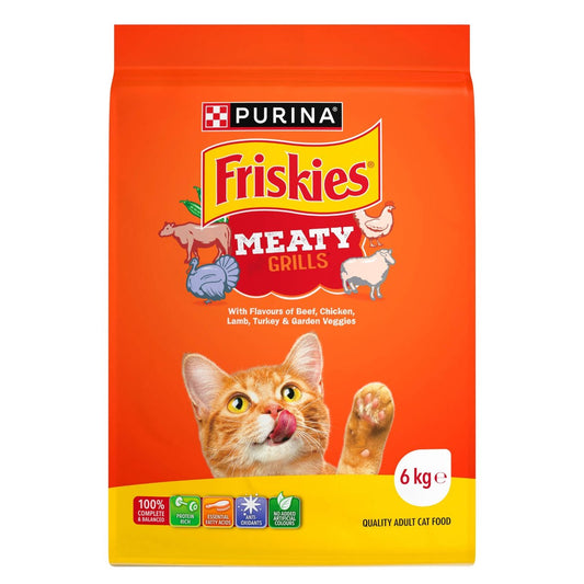 Friskies Adult Dry Cat Food - Meaty Grills 6kg - Protein-Rich, Dental Care