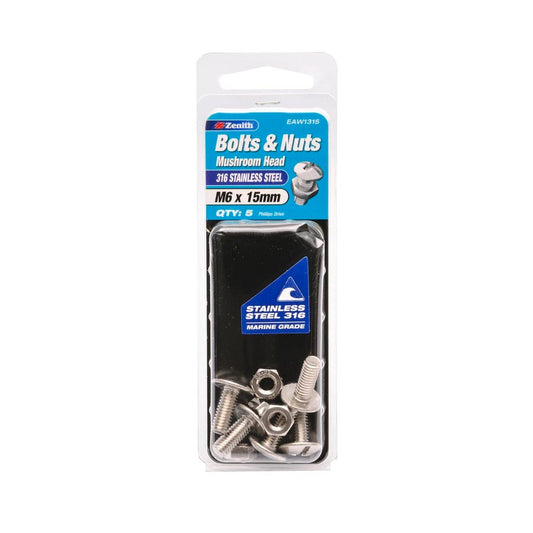 Zenith M6 x 15mm Mushroom Head Bolt and Nut 316 Stainless Steel 5 Pack - Auzzistore