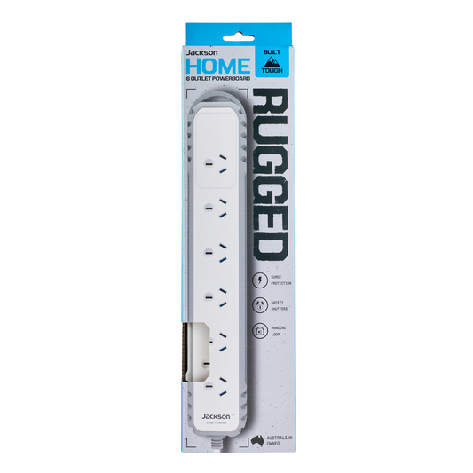 Jackson Rugged Home 6 Outlet Powerboard - 0.9m Cord - Grey - Surge Protection