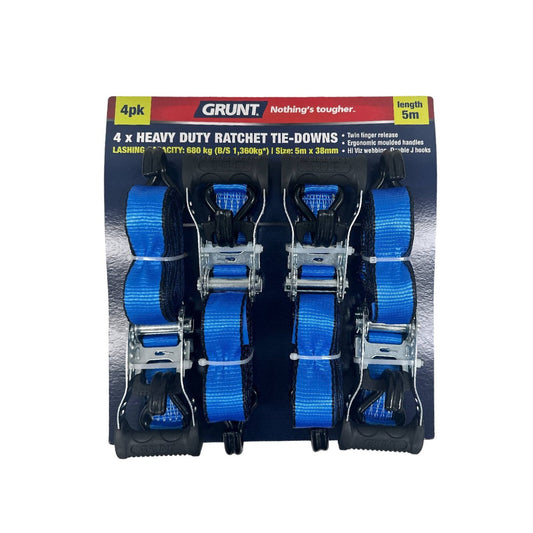 Grunt Ratchet Tie Down Set 38mm x 5m Polyester Easy Carry 4 Pack