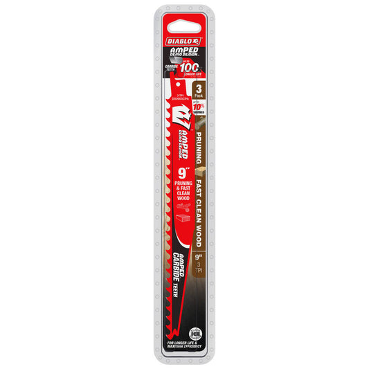 Diablo 9 Amped Demo Demon Carbide Reciprocating Saw Blade 3 Pack - 55mm x 305mm - Durable for Pruning and Clean Wood