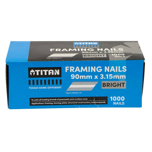 Titan 90mm Bright Steel Collated Framing Nails - Box of 1000 - Durable - Auzzistore