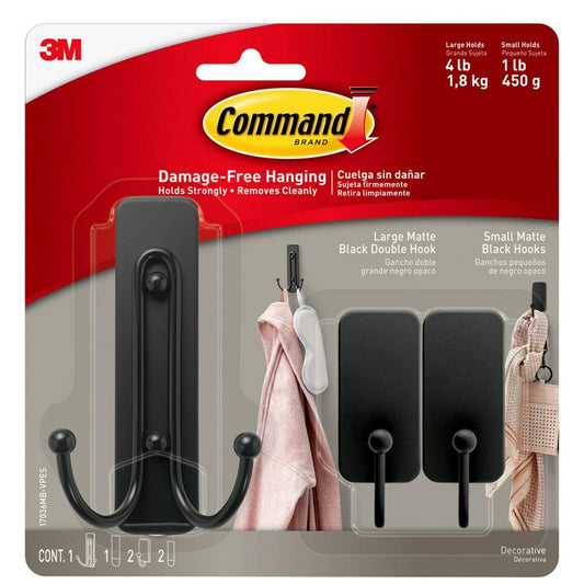 Command Adhesive Matte Black Hooks 3 Pack - 4 lbs - 98mm x 171mm - Damage-Free