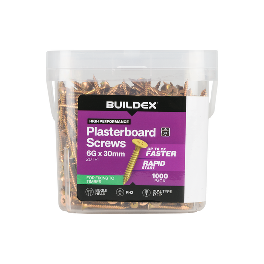 Buildex Plasterboard Screws - 6g x 30mm - Gold Passivated - 1000 Pack - Corrosion Resistant - Auzzistore