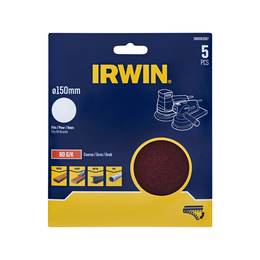 Irwin 150mm Quick Fit Random Orbital Sanding Discs 5 Pack - 80 Grit - No Holes - Aluminium Oxide - Auzzistore