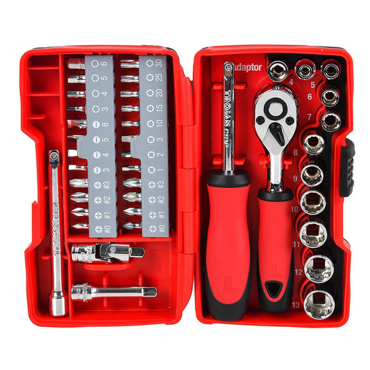 Trojan 40 Piece Socket and Driver Set - 1/4" Drive - Chrome Vanadium - 72 Tooth Ratchet