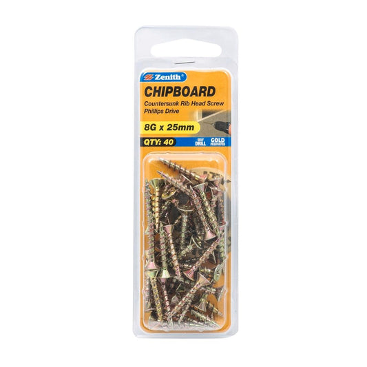 Zenith 8g x 25mm Countersunk Chipboard Screws - Gold - 40 Pack - Self-Drilling - Auzzistore