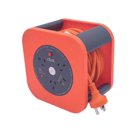 Click 10m 3 Outlet Square Cable Reel with USB Charger - 3 x 10A Outlets - Overload Protection - USB-A & USB-C Ports - Auzzistore