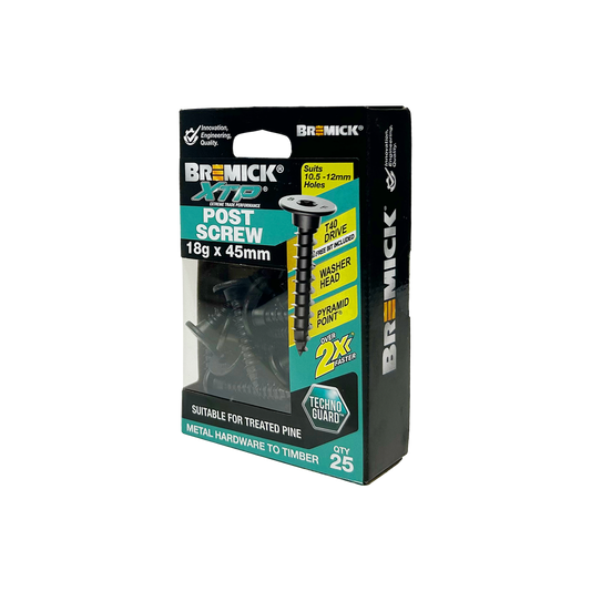 Bremick XTP Post Screw 18g x 45mm - Technoguard Black - 25 Pack - Durable Fastening - Auzzistore