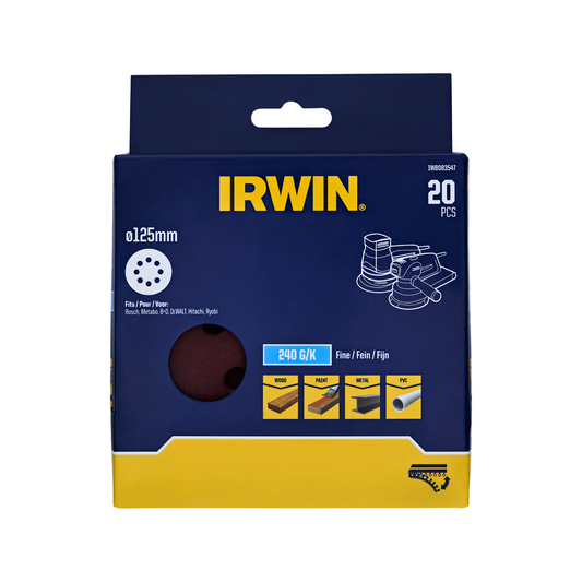 Irwin 125mm Quick Fit Random Orbital Sanding Discs 240 Grit 20 Pack - Efficient Dust Extraction - Auzzistore