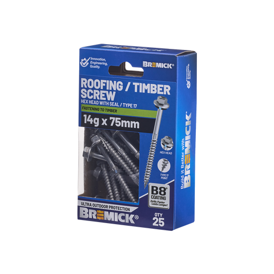 Bremick Hex Timber Screw 14g x 75mm - B8 Coating - Box of 25 - Corrosion Resistant - Auzzistore