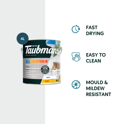 Taubmans 4L White Gloss All Weather Exterior Paint - Water Based - Mould Resistant