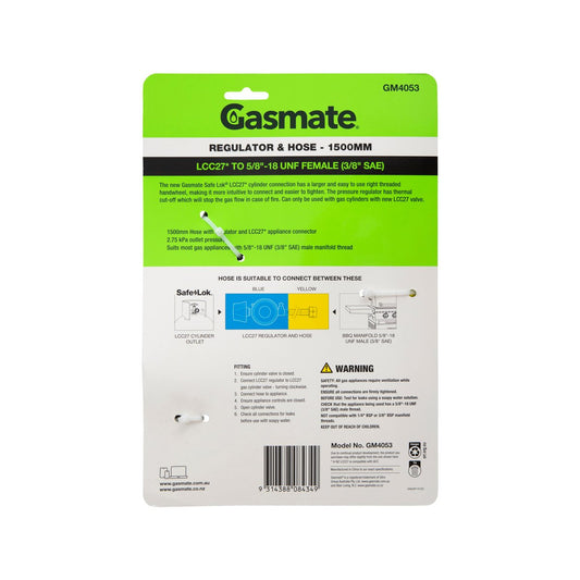 Gasmate Regulator Hose 1500mm LCC27 to 5/8” UNF - Durable Gas Connection – view 2 - Auzzistore