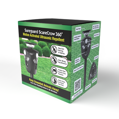 Sureguard Scarecrow Motion Activated Ultrasonic Animal Repellent - 145mm x 153mm x 120mm - Solar-Powered - 360-Degree Coverage - Deters Dogs, Cats, Deer, Rabbits