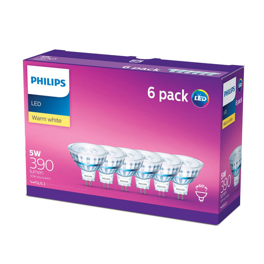 Philips 5W MR16 Warm White LED Classic Globe 6 Pack - 52mm x 90mm