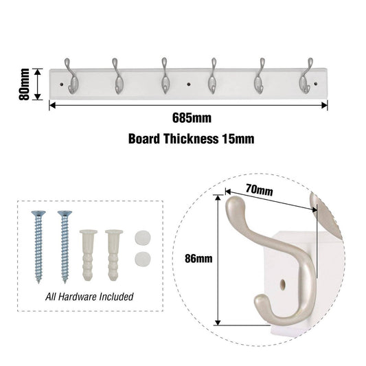 Syneco White Board Coat Rack - 6 Hooks - 685mm x 100mm x 75mm - White/Silver – view 2