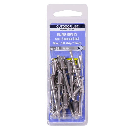 Otter Open Stainless Steel Blind Rivets 25 Pack - 4.8 x 7.9mm - Auzzistore