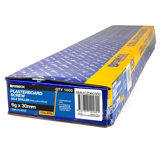 Bremick Collated Screw 6g x 30mm Zinc Yellow - 1000 Pack - Metal Drill Point - Auzzistore