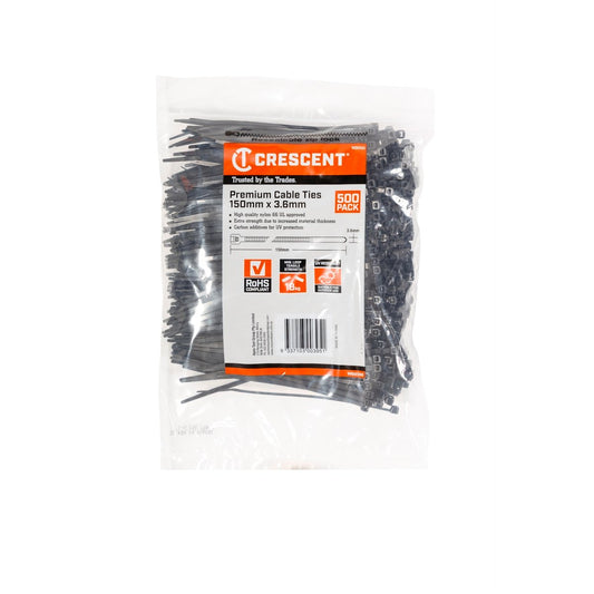 Crescent Black Cable Ties 150 x 3.6mm - 500 Pack - Nylon UL Approved - Auzzistore