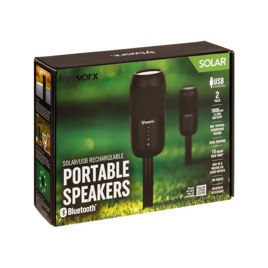 Lytworx Solar USB Portable Bluetooth Speakers 2 Pack - 360° Sound - 395 x 75 x 75 mm - Auzzistore