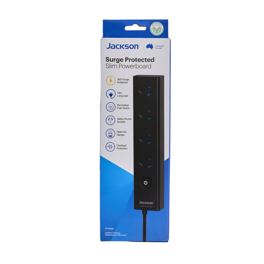 Jackson 4 Outlet Powerboard - 1.8m Lead - Black - Surge Protection