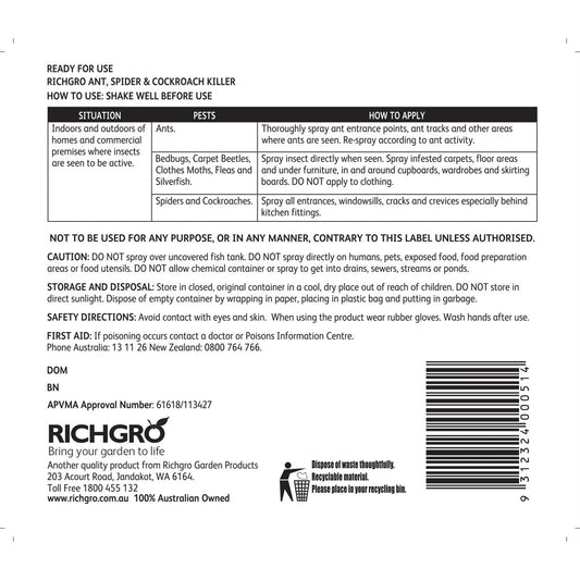 Richgro Ant Spider Cockroach Killer - 3L Ready to Use Liquid - Clear – view 2 - Auzzistore