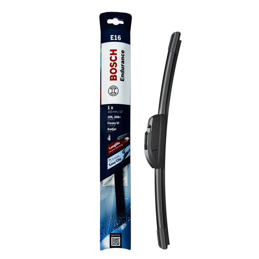 Bosch 16" 400mm e16 Flat Endurance Wiper Blade - Hook Type Adapter - Long-Life Rubber - Quiet Wiping Action