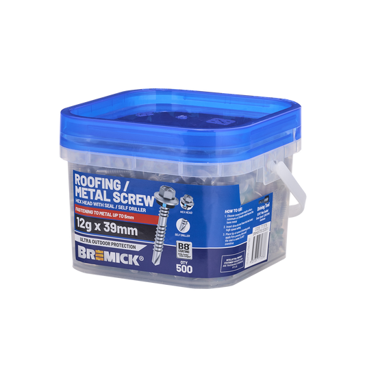 Bremick 12g x 39mm B8 Hex Roofing Screw - 500 Pack - Watertight Seal - Auzzistore