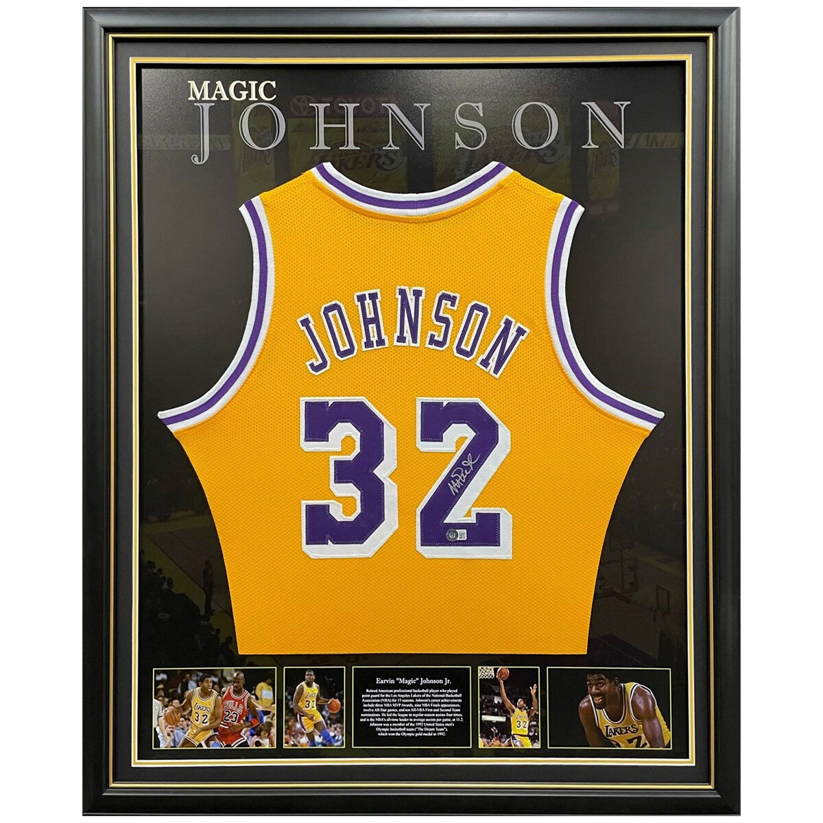 Icons of Sport Magic Johnson Signed LA Lakers Yellow Jersey Framed