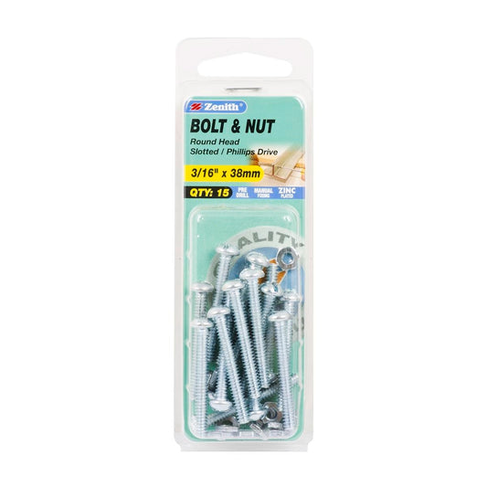 Zenith Round Head Bolt & Nut - 3/16 x 38mm - 15 Pack - Zinc Plated - Auzzistore