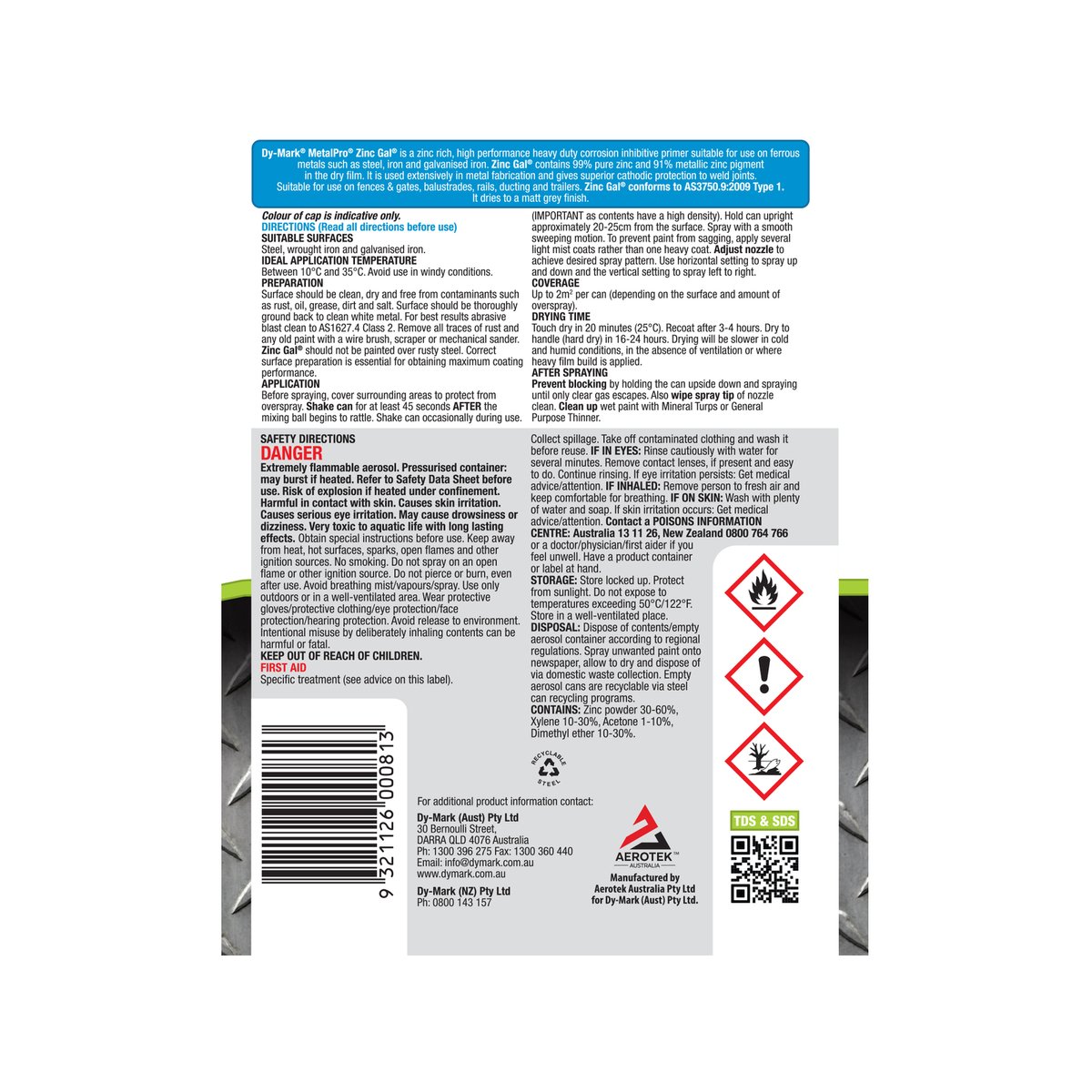 Dy-Mark Zinc Gal 400g Metal Primer Zinc Rich Grey Superior Protection