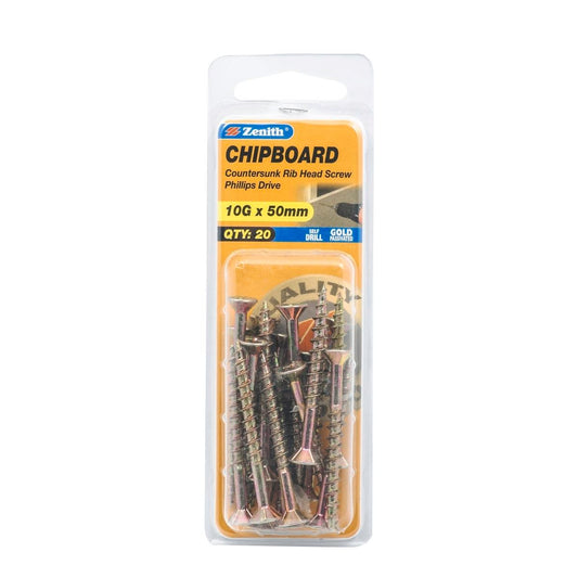 Zenith 10g x 50mm Countersunk Rib Head Chipboard Screws - 20 Pack - Gold - Self-Drilling - Auzzistore