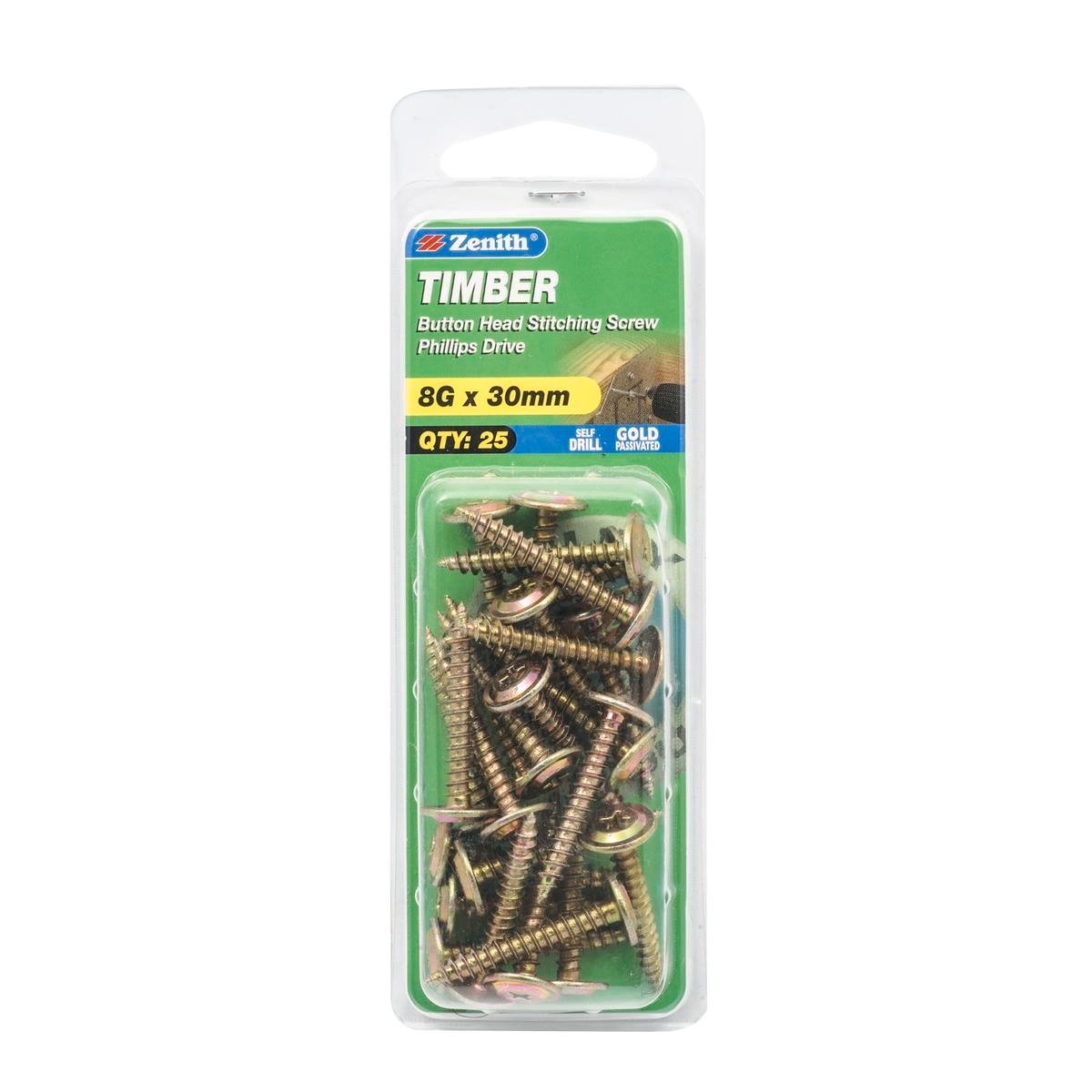 Zenith Timber Stitching Screws - 8g x 30mm - Gold Passivated - Button Head