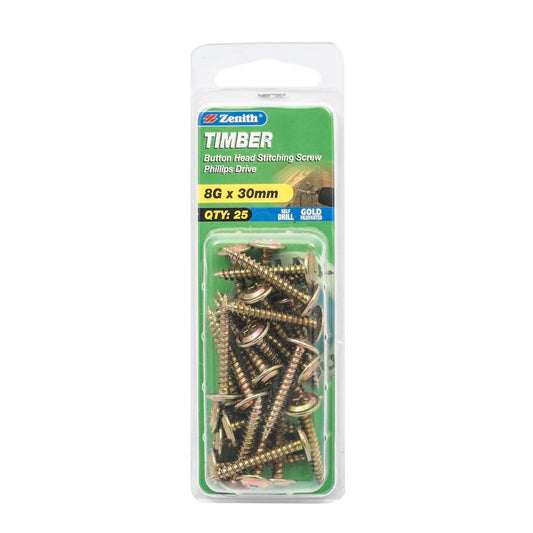 Zenith Timber Stitching Screws - 8g x 30mm - Gold Passivated - Button Head