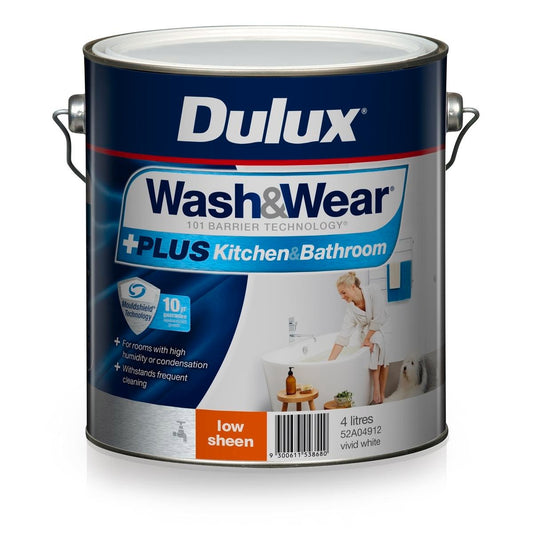 Dulux Wash Wear Plus Kitchen Bathroom Paint 4L Low Sheen Vivid White - Auzzistore
