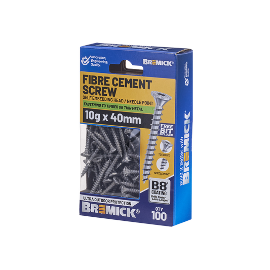 Bremick Fibre Cement Screw 10g x 40mm T25 B8 - 100 Pack - High Corrosion Resistance - Auzzistore