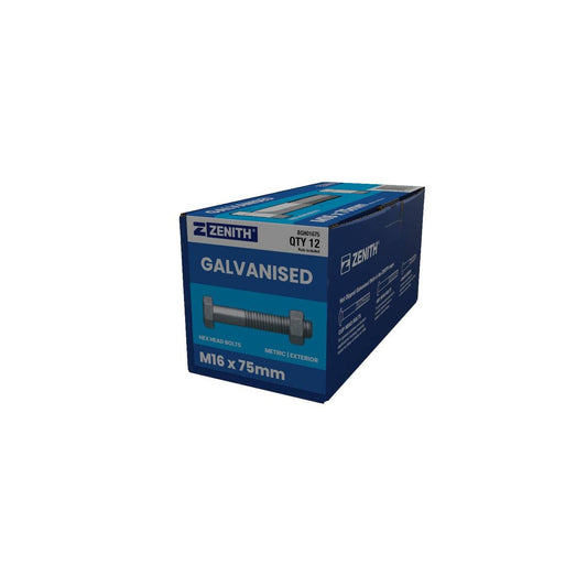 Zenith M16 x 75mm Hot Dip Galvanised Hex Head Bolts and Nuts 12 Pack - Auzzistore