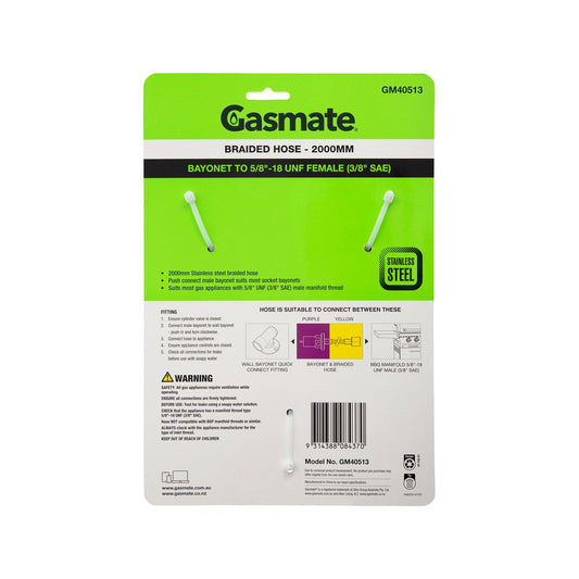 Gasmate Braided Hose 2000mm Bayonet to 5/8” UNF - Durable Gas Connection – view 2 - Auzzistore