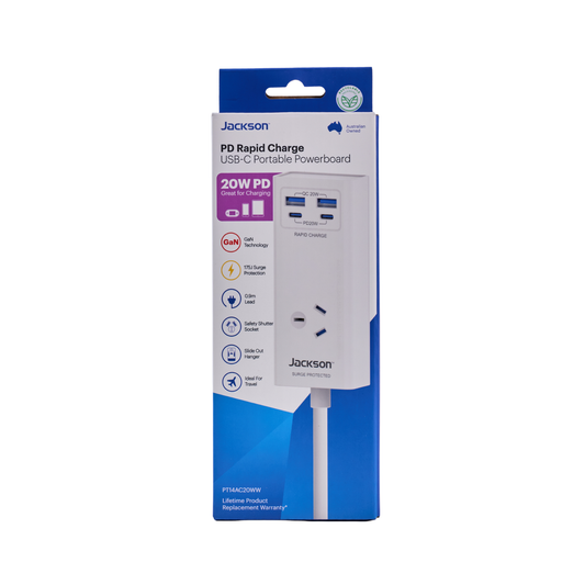 Jackson 1 Outlet Adaptor - USB 2A 2C PD20W - 0.9m - White - Surge Protection