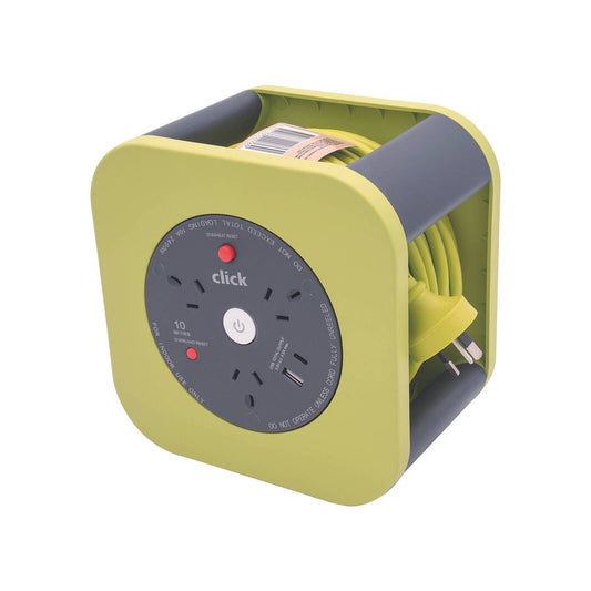 Click 10m 3 Outlet Cable Reel with USB Charger - Green - Overload Protection - Auzzistore